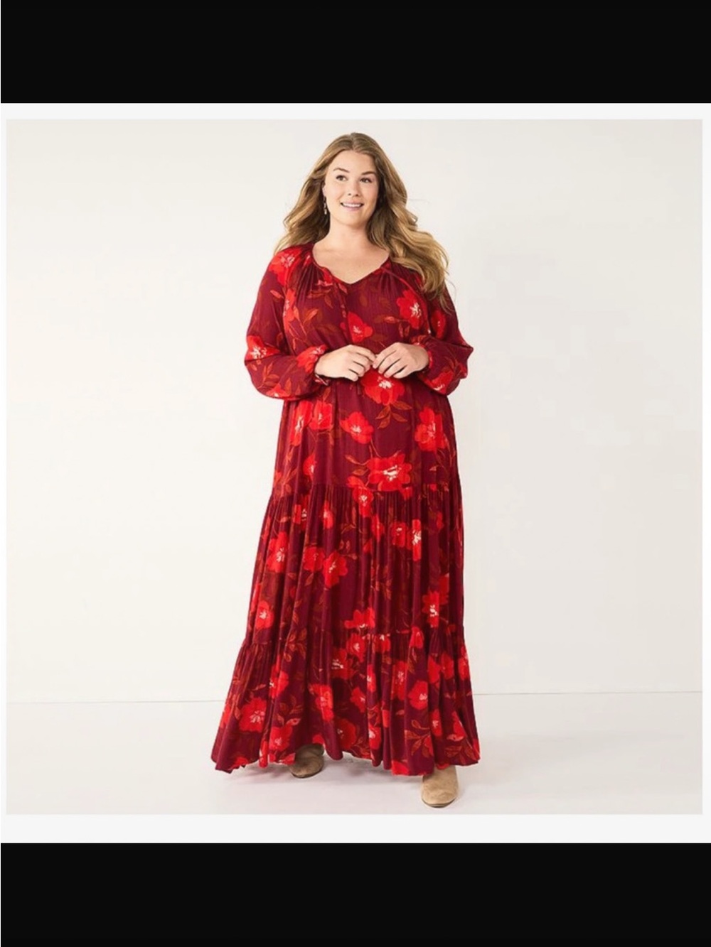 Sonoma Red Floral Tiered Maxi Dress large Fall fashion